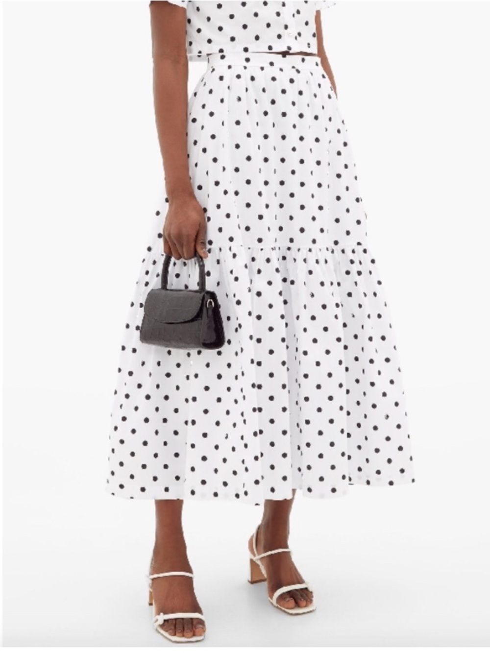 Staud Orchid Polka Dot Print Midi Skirt White Black 8 Feminine Cottage Prairie